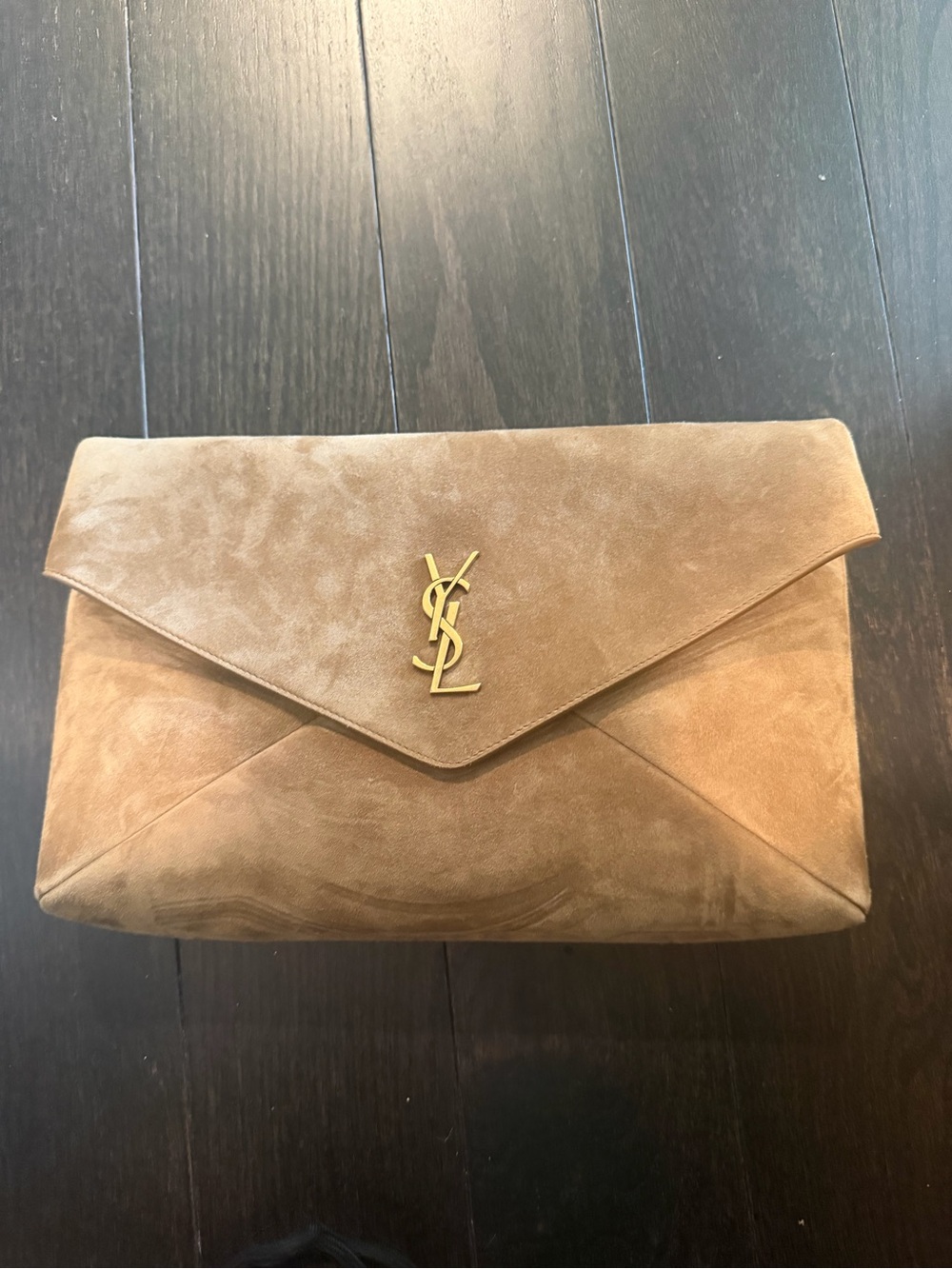 Saint Laurent Tan Suede Envelope Clutch with Gold YSL Hardware